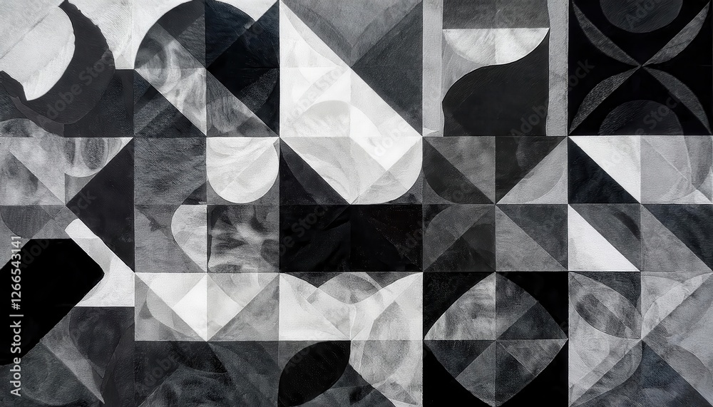 Poster abstract geometric monochrome artwork with intersecting circles, squares, and triangular forms in black and white