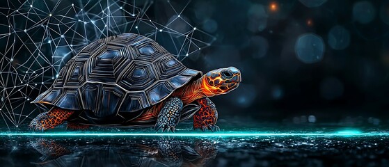 A futuristic turtle design with a glowing edge and a digital backdrop, showcasing a blend of nature and technology. pet reptile training