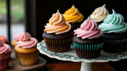 Delicious cupcakes with colorful frosting on stand