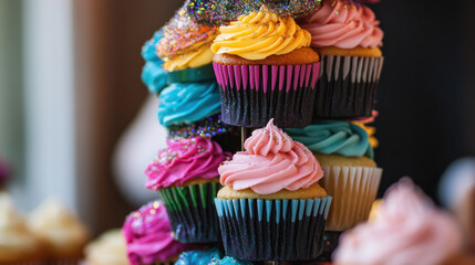Vibrant cupcake tower with colorful frosting and sprinkles