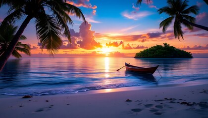 Tropical Sunset Beach Scene with Boat and Palm Trees