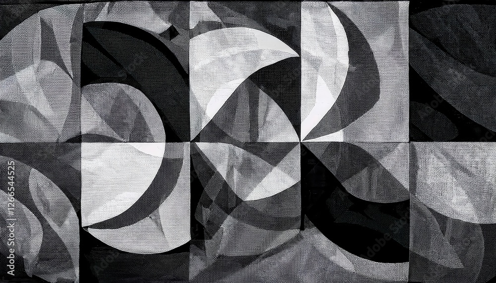 Poster abstract geometric monochrome artwork with intersecting circles, squares, and triangular forms in black and white