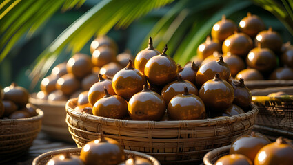 A close-up view of freshly harvested nipa palm fruits, clustered together in rich earthy brown tones