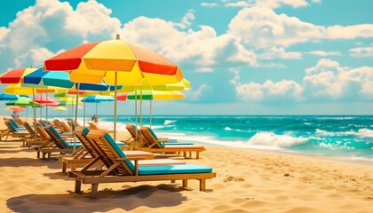 Fototapeta premium Beach Lounge Chairs Under Colorful Umbrellas Sunny Ocean View