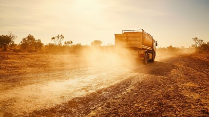 Fototapeta premium Dusty Truck Journey on Deserted Road at Sunset in Australia