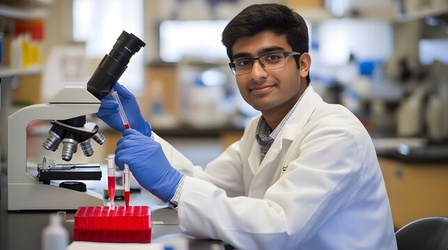 A young Indian male scientist in a white lab coat working with a microscope in a laboratory, conducting research and looking focused and professional
