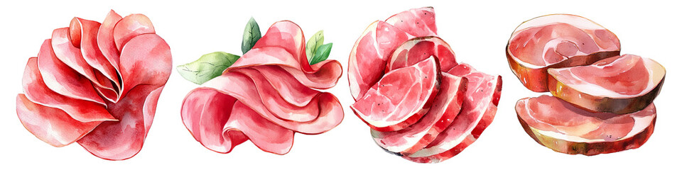 Set of slices of ham watercolor isolated on transparent background