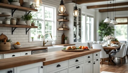 Modern Farmhouse Kitchen Design with Wood Island and Pendant Lights