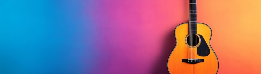 Fototapeta premium An acoustic guitar rests against a vibrant gradient background showcasing colors.