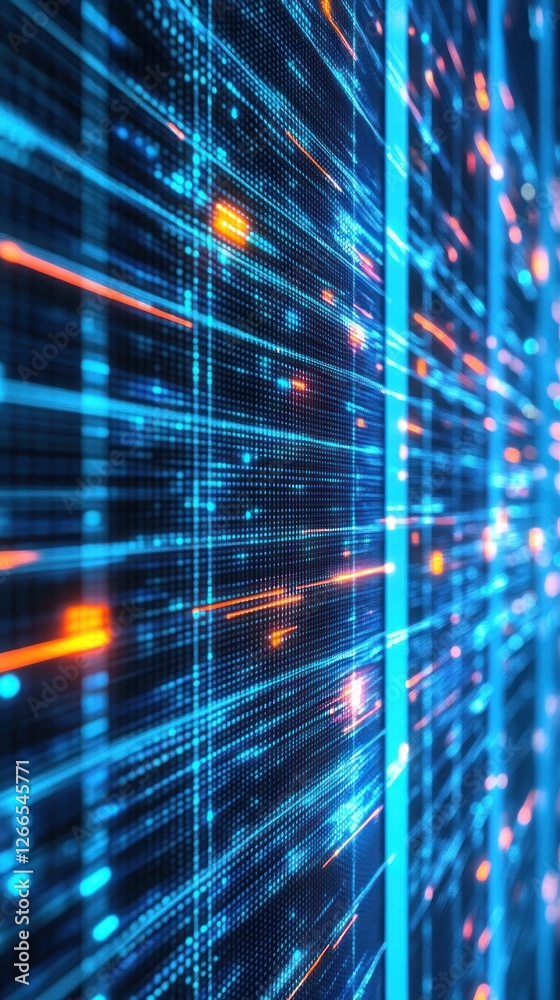 Fototapete Abstract digital data flow with vibrant blue and orange lights creating a sense of movement in a futuristic environment