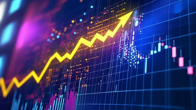 A futuristic stock market display with a glowing yellow arrow growing across, representing economic optimism and financial growth.