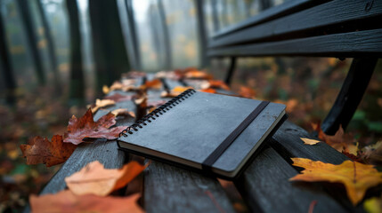 weathered notebook on wooden bench surrounded by autumn leaves