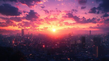 Obraz premium Cityscape sunset, vibrant clouds, urban panorama, evening glow, promotional use