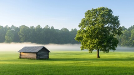 Fototapeta premium Serene Rural Scene of a Small Cabin Beside a Lush Green Tree in a Foggy Landscape