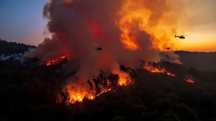 Fototapeta premium Wildfire raging across forest with thick smoke and flames