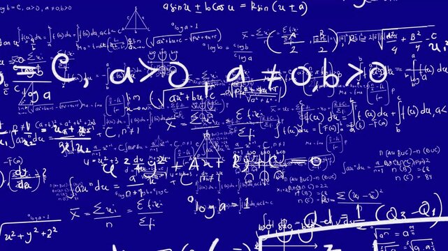 Animated math, science, and physics formulas in blue screen background, animated mathematical equation calculations suitable for motion graphics about critical thinking and ideas.