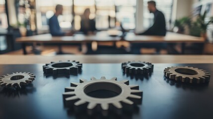 Fototapeta premium Gears on a Table with Business Meeting in Background at Office