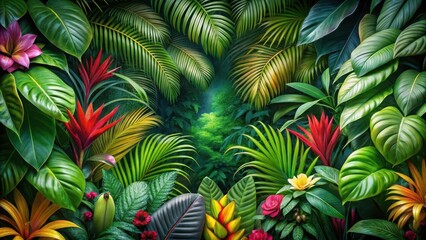 Dense foliage of exotic tropical leaves in a jungle setting with lush greenery and colorful flowers, leafy greens, tropical flowers