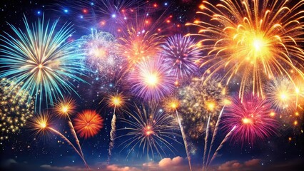 Naklejka premium Glittering Firework Explosion over Dark Sky, dark sky, vibrant, dark sky, vibrant, festive, night, fireworks show