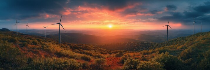 Scenic Wind Farm on Rolling Hills at Sunset with Renewable Energy and Copy Space