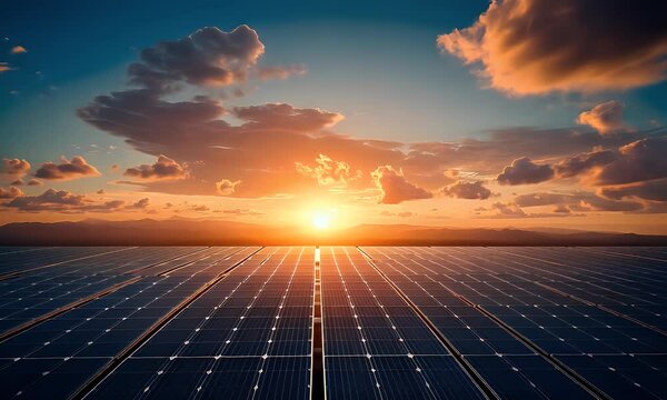 Sunset over Solar Panels in a Renewable Energy Field with Dramatic Clouds in the Background