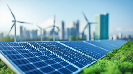 Fototapeta premium Urban Renewable Energy with Solar Panels and Wind Turbines in a Green Cityscape