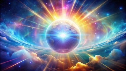 Obraz premium Divine Cosmic Light Surrounding a Radiant Orb of Light in a Vibrant Celestial Sky with Glowing Auras, spiritual energy, heavenly glow