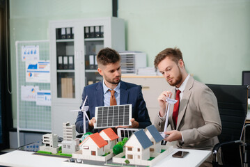  Professionals for a greener future. Showcasing renewable energy solutions with solar panels, wind...