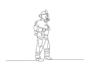 Continuous line art drawing of firefighter with uniform. Fireman single line art drawing vector illustration. Editable stroke.