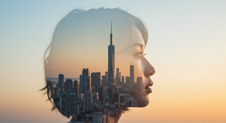 女性の横顔に重ねられた都市の夜景と高層ビル群・世界の未来・発展