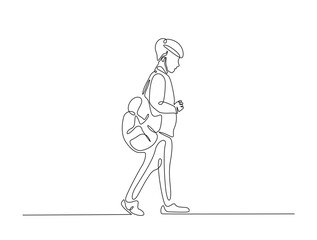 Continuous line art drawing of student wearing backpack. Kid with schoolbag line art drawing vector illustration. Editable stroke.