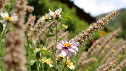 Fototapeta premium Serene Wildflower Meadow in Summer Sunlight
