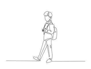 Continuous line art drawing of student wearing backpack. Kid with schoolbag line art drawing vector illustration. Editable stroke.