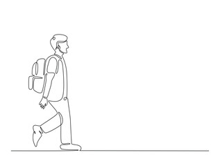 Continuous line art drawing of student wearing backpack. Kid with schoolbag line art drawing vector illustration. Editable stroke.