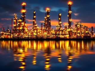 Fototapeta premium Oil Refinery at Dusk Reflected in Water