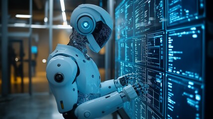 Fototapeta premium Advanced AI robot analyzing data on futuristic touchscreen interface