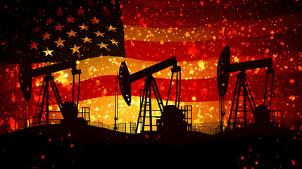 Oil pumps silhouette against American flag