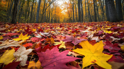 Autumn forest floor covered in colorful leaves