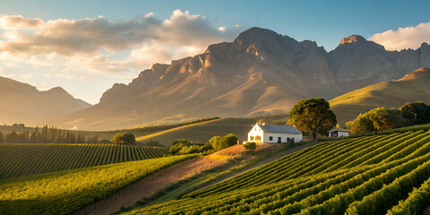 Scenic Vineyard Landscape With Mountain View And Farmhouse In Rural Area