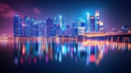 Fototapeta premium A city skyline with a reflection of the buildings in the water