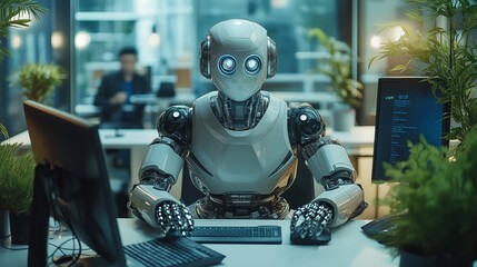 Fototapeta premium AI Robot Working on Computer in a Modern Office with Human Employees