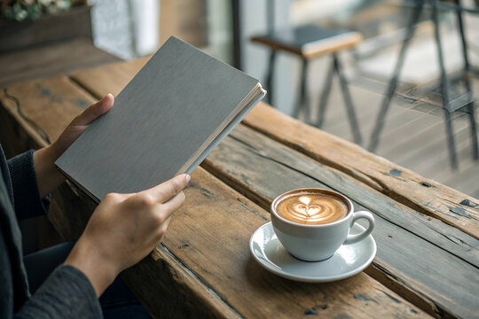 Woman Holds Gray Book And Coffee Cup On Wooden Table In Cafe Interior;Keywords