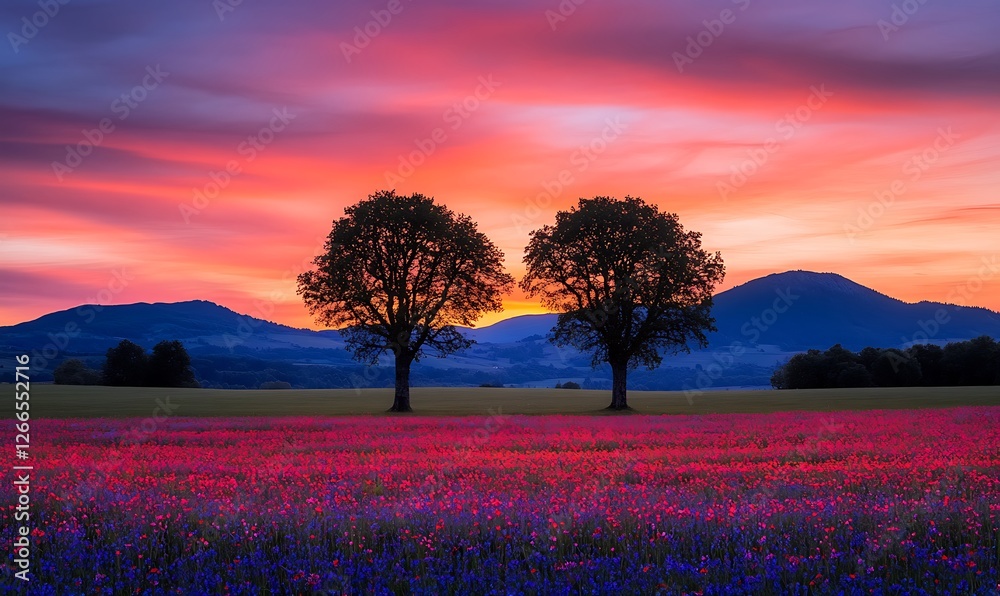 Canvas Prints Two trees stand in flower field at sunset, mountains afar. For scenic background