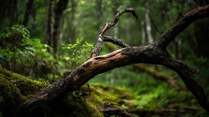 lush forest scene with fallen trees and vibrant greenery