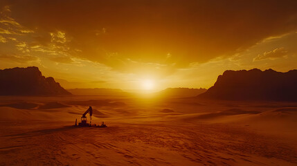 Fototapeta premium Desert sunset landscape with oil rig