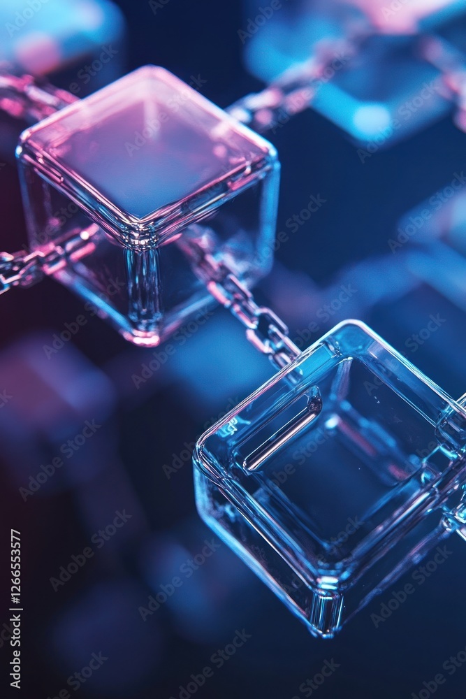Poster abstract representation of interconnected glass blocks symbolizing blockchain technology, with a vib