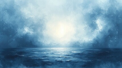 A serene seascape with soft blue hues and a glowing horizon.