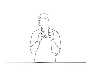 Continuous line art drawing of man drinking coffee. Young man enjoy the drink line art drawing vector illustration. Editable stroke.
