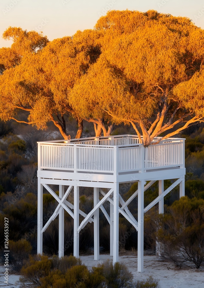 Canvas Prints Viewing platform amidst trees, sand dunes, and dusk light used for nature tourism & conservation