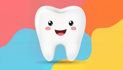 Happy cartoon tooth with smiling face on colorful background